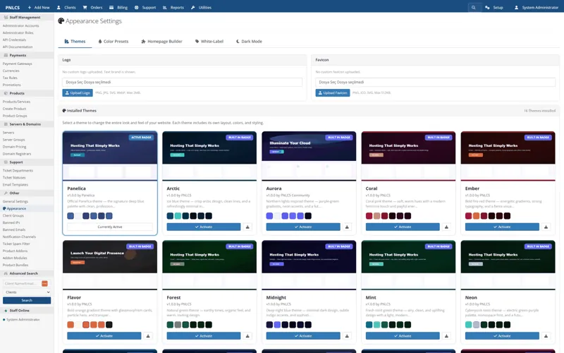 The Appearance screen in the admin panel with the installed themes and their previews