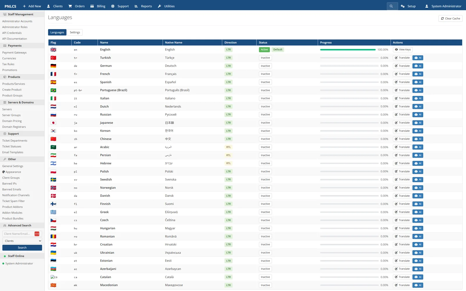 The language manager in the admin panel, listing 30 locales and their translation progress
