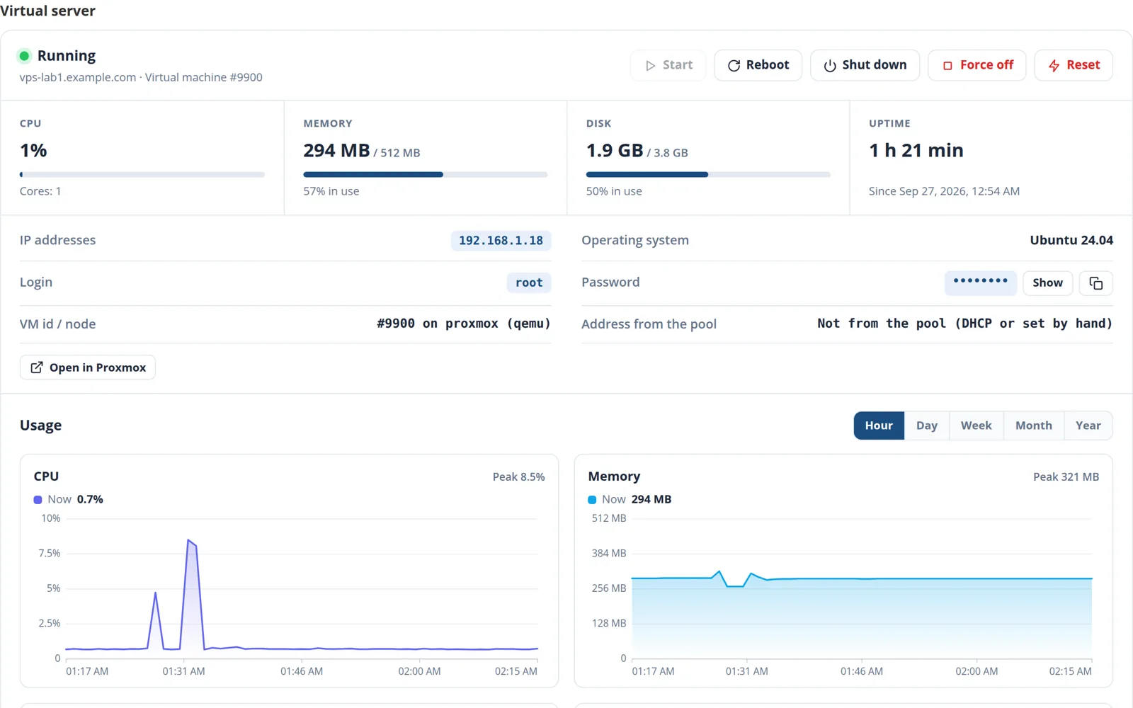 A customer's virtual server as staff see it in the admin panel