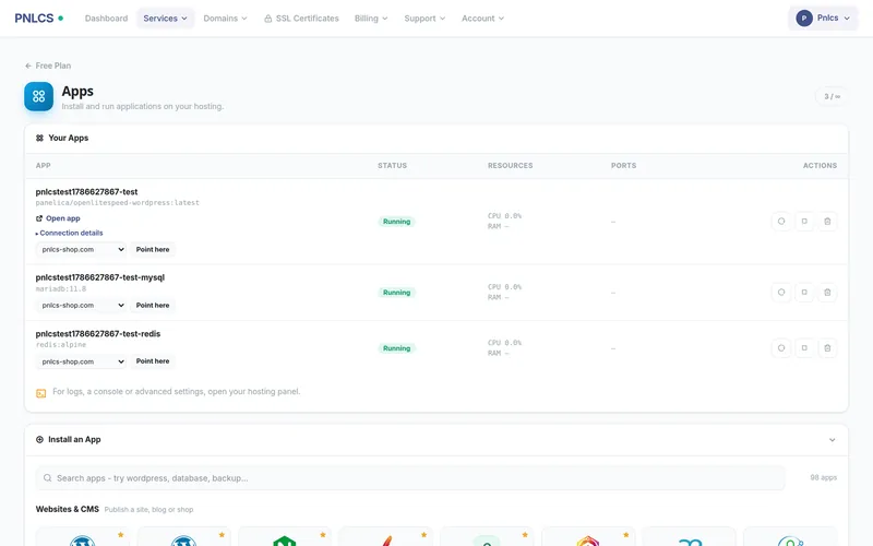 The Apps page in the client portal with running apps and the app catalog