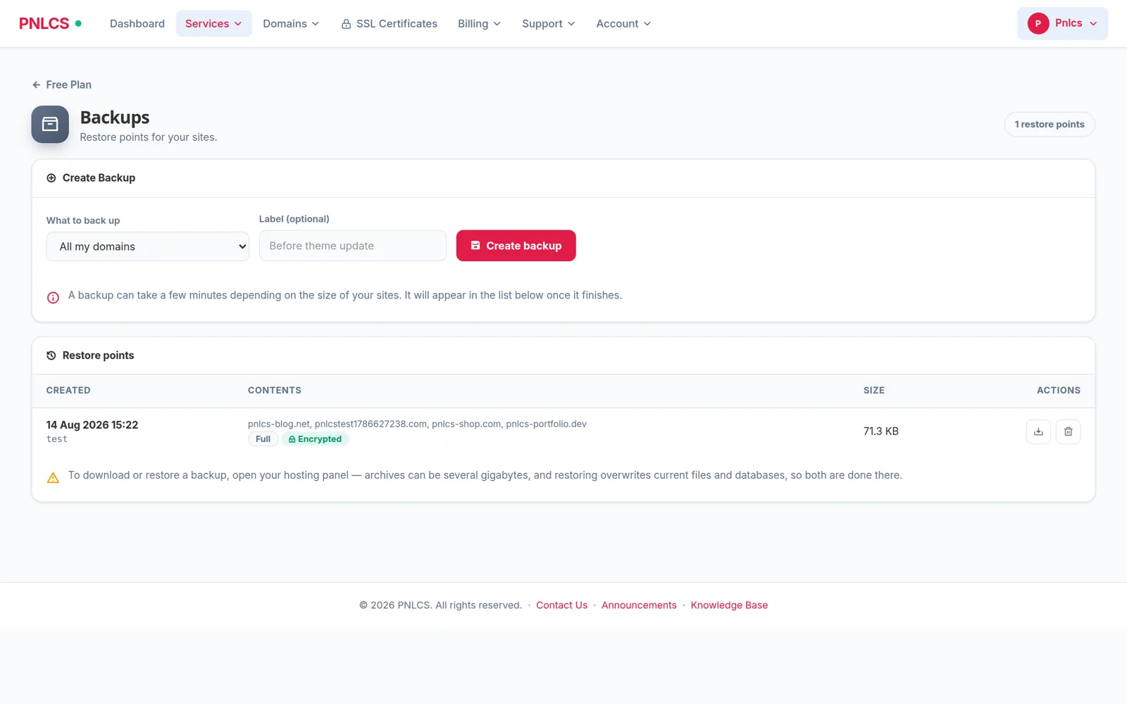 The backups page in the client portal with a list of restore points