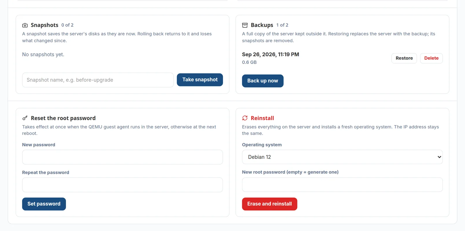 Snapshots, backups, root password and reinstall controls for a virtual server