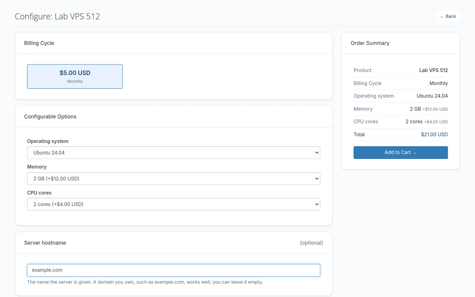 Configuring a VPS order: billing cycle, configurable options and the order summary with the total